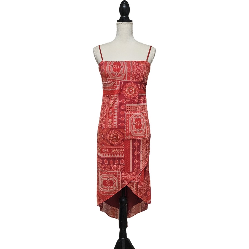 Y2K City Triangles Red Paisley Empire Waist High-Low Dress Sz M Indie Sleaze